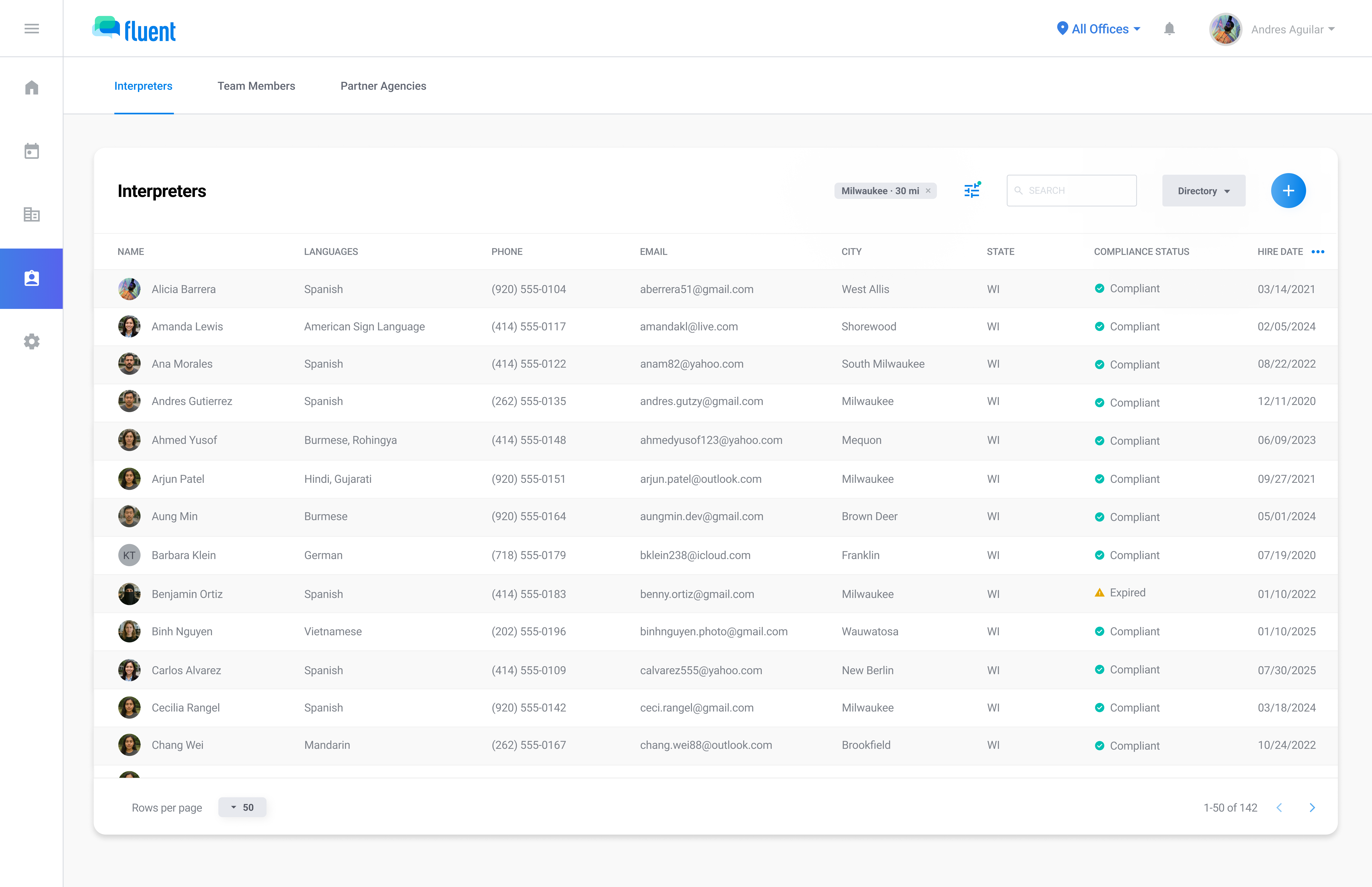 Team page list view with interpreter directory columns, languages, and status